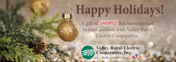 A sample winter holiday gift certificate depicting golden baubles with a pine branch and the phrase: Happy Holidays!