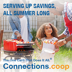 Serving up savings, all summer long. The one card that does it all. Connections.coop - A mother, father, and daughter grilling a meal outside.