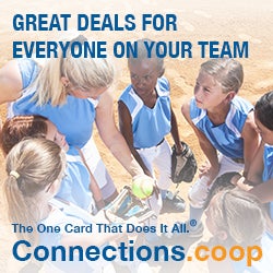 GREAT DEALS FOR EVERYONE ON YOUR TEAM. The one card that does it all. Connections.coop - A softball couch talking with six members of the team.