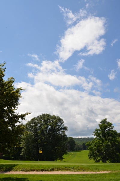 A golf hole and its fairway flanked by trees