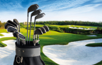 Golf clubs in a golf bag on a golf course