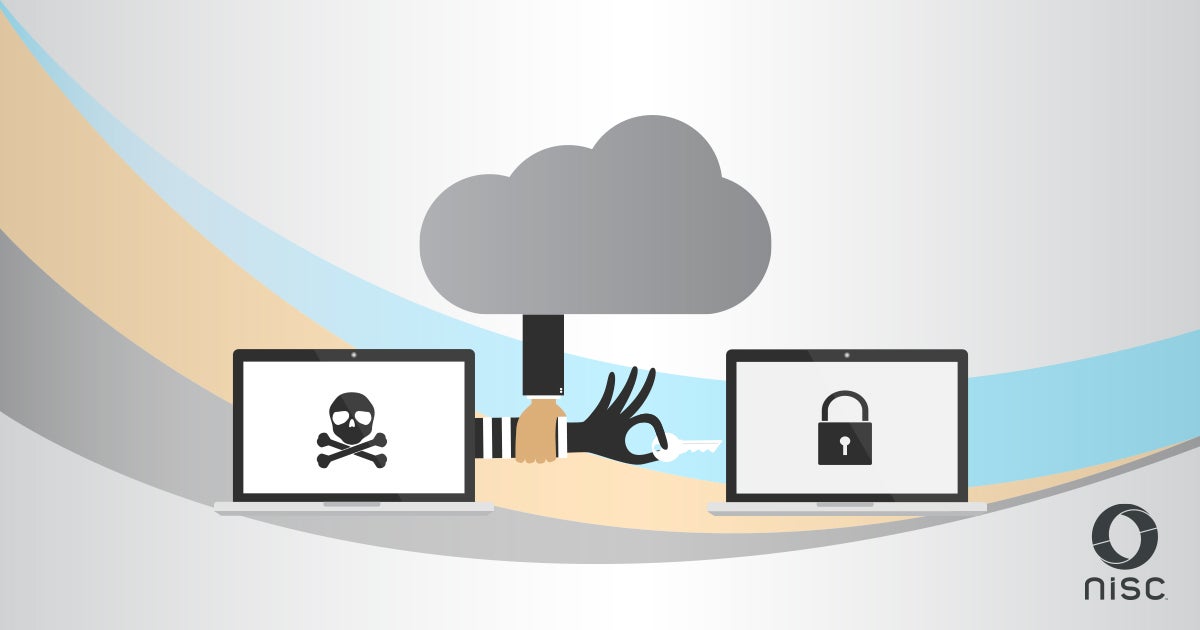 A criminal's hand reaching out from a notebook computer with a skull and crossbones on its screen toward another notebook computer with a padlock on its screen