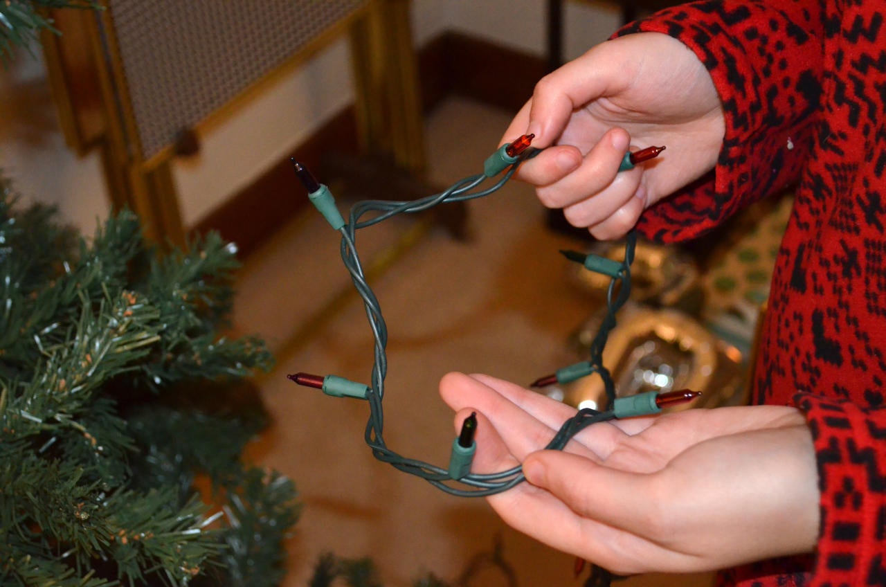 Person inspecting a strand of holiday lights