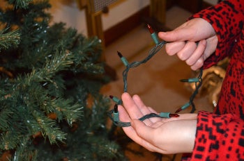 Person inspecting a strand of holiday lights