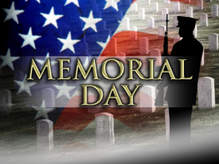 Memorial Day superimposed over an American flag with the silhouette of a soldier and gravestones